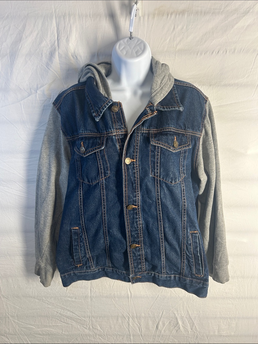 Simply Styled Men's Denim Bomber Jacket with Gray Hoodie Sleeves